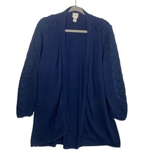 Chicos Navy Blue Open Front Cardigan Lace Crochet Detail Size 3 XL